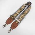 Close-up of ethnic embroidery bag strap with brown leather ends and bronze metal hooks - Antique Bronze Hook / No.12 Brown Leather