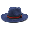 Chapeau de soleil Panama en paille bleu foncé classique avec ruban rayé vert-rouge-vert - M (56-58cm) / Bleu marine