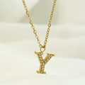 Golden titanium steel necklace featuring letter Y pendant with micro-paved cubic zirconia - Letter Y / Gold
