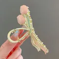 Pink tulip hair claw clip with green leaves and gold-tone finish, 11cm length - K50 Pink Tulip