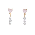 Elegant 18k gold heart earrings with pink zircon studs and triple pearl drop dangles - Pink Heart Three Pearl Dangle (EH00735)
