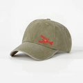 Olive green washed cotton baseball cap featuring a red lobster print at a 45-degree angle - One Size / Dark Khaki