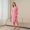 Pink waffle-knit bathrobe for women with V-neck, waist belt and side pockets - Light Pink (Women)