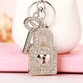 Sparkling silver keychain featuring a crystal-encrusted key and heart lock pendant - Silver Heart Lock & Key