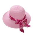 Pink straw sun hat for women featuring a dark pink floral ribbon bow on a white background - Ribbon Style Leather Pink