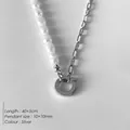 Collier élégant en acier inoxydable argenté avec perles d'eau douce de type riz - Chaîne Cousue Fermoir Cercle Uni Argent (XNL0008-1)