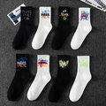 8-pack black and white cotton sports socks with street graffiti prints in mid-tube length - One Size / Black And White Assorted (17-16-04-20-06-12-15-18)