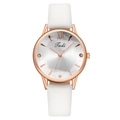 Reloj de cuarzo para mujer con caja de oro rosa, números romanos y correa de cuero blanco - Blanco