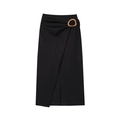 Gonna midi nera in misto lino con elegante fibbia in legno per un look estivo chic - XS / Gonna Midi Nera