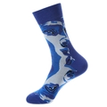 Blue crew socks with Picasso-style abstract face art and light gray heel accents - One Size / 1020 Blue Oil Painting