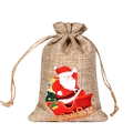 Natural linen Christmas drawstring gift bag with Santa Claus and reindeer print - Santa in Sleigh H-02 / 10*15cm