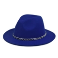 Detail of royal blue wool fedora hat featuring a chunky silver metal chain band - Royal Blue Hat Silver Chain