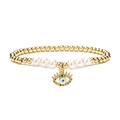 Gold-plated 4mm copper bead bracelet with evil eye charm and white pearls on white background - Pearl Colored Evil Eye Pendant