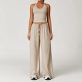 Beige tweedelige yogaset voor dames met een haltertop en een broek met hoge taille en wijde pijpen - S / Vest+Broek-Linnen