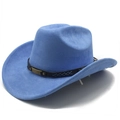 Close-up of light blue suede cowboy hat featuring V-shaped embroidery and bronze buckle - M (56-58cm) / Sky Blue (Suede)
