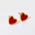 Pendientes de corazón rojo con borde de cuentas doradas en acero inoxidable de oro rosa 18K - 【731】 Pendientes de Botón Par