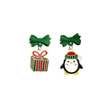 Christmas penguin and gift box asymmetric earrings with green bows and festive colors - E2424 Gift Penguin
