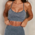 Acid wash grey blue seamless sports set with V-neck bra and high waist leggings - S / Grey Bra