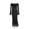 Elegant black lace off-shoulder dress featuring flared sleeves and floral crochet details - S / Black without Lining