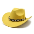 Detail of yellow felt cowboy hat with black leather band and silver concho studs - M(56-58cm) / Yellow