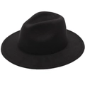 Detailed close-up of a classic black wool felt fedora featuring a stylish wide wavy brim - Plain Flat Brim Without Rope / Black