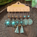3-piece bohemian earrings set featuring turquoise beads and tassels in antique bronze - Flower Dreamcatcher Rose Spiral Style (HQEF-1436)