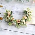 Pink faux rose and eucalyptus floral crown with white organza ribbon for weddings - Champagne Off-white Combo