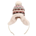 Detail of winter trapper hat showing ethnic jacquard knit and thick faux fur lining - One Size / Beige