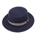 Close-up of navy wool fedora hat featuring a colorful geometric woven decorative band - One Size / Navy Blue