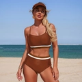 Two-piece coffee brown bikini with white contrast stripes and high-waisted shorts - S / Brown