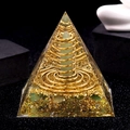 6cm Orgone crystal pyramid with green gemstone chips, gold foil, and metal coil resin - P6 Green Aventurine + Steel Coil