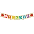 Bunte Wimpelkette aus Jute mit Welcome-Schriftzug und Apfel für Schulanfang Dekoration - Willkommens-Banner (Leinen)