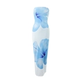 Detail view of white bodycon maxi dress with blue floral print and strapless neckline - Light Blue