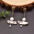 Handcrafted Baroque pearl drop earrings with gold hollow pattern and zircon accents - White Pearl Drop Earrings