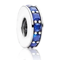 Silver charm bead featuring a central row of blue square rhinestones and beaded edges - Light Blue/Silver