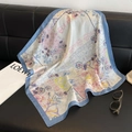 Floral print square silk scarf with light pink and blue patterns and grey-blue borders - New Silk Scarf/small Square Scarf 13 / 65
