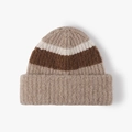 Thick wool knit beanie featuring beige, white and brown mohair textured stripes - One Size / Khaki