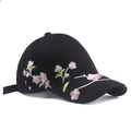 Detail of pink cherry blossom embroidery on a black breathable cotton sun hat - Plum Blossom - Black
