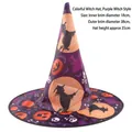 Purple Halloween witch hat with pumpkin prints, 38cm wide brim and 35cm tall - Colorful Witch Hat Purple Witch