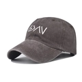 Detailed close-up of white letter embroidery on vintage washed dark grey baseball cap - Adjustable / Coffee