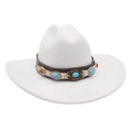 Sombrero fedora de fieltro blanco con banda étnica decorada con piedras turquesa y ámbar - Blanco