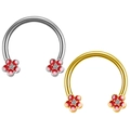 Detailed view of silver and gold horseshoe hoops with red floral crystal accents - #10 Red Petal Flower (Silver Plated)