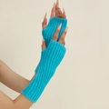 Cyan blue ribbed knit fingerless gloves with long arm sleeve design for men and women - Lake Blue