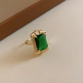 Vintage style gold finish necklace with rectangle green gemstone and side crystals - 31# Gold Square Green Gemstone Ring