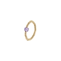 Detailed shot of elastic golden bead ring featuring a central faceted purple zircon stone - Single Purple Ring