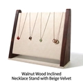Beige velvet walnut wood necklace display stand for multiple pendants organization - Walnut Slanted Necklace Display Stand - Beige Velvet