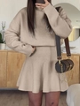 Elegant beige knit two-piece set featuring long-sleeved top and short flare skirt - Apricot