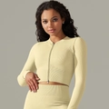 Seamless cream yellow yoga set featuring ribbed high-waist leggings and a zip-up crop top - S / Tops / Khaki