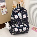 Cute black cartoon bunny print backpack for students with a plush rabbit keychain charm - With Pendant / Black