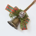 Christmas bronze bell ornament with red-green plaid bow and decorative pine cone - Plaid White Pine Cone Vintage Bell